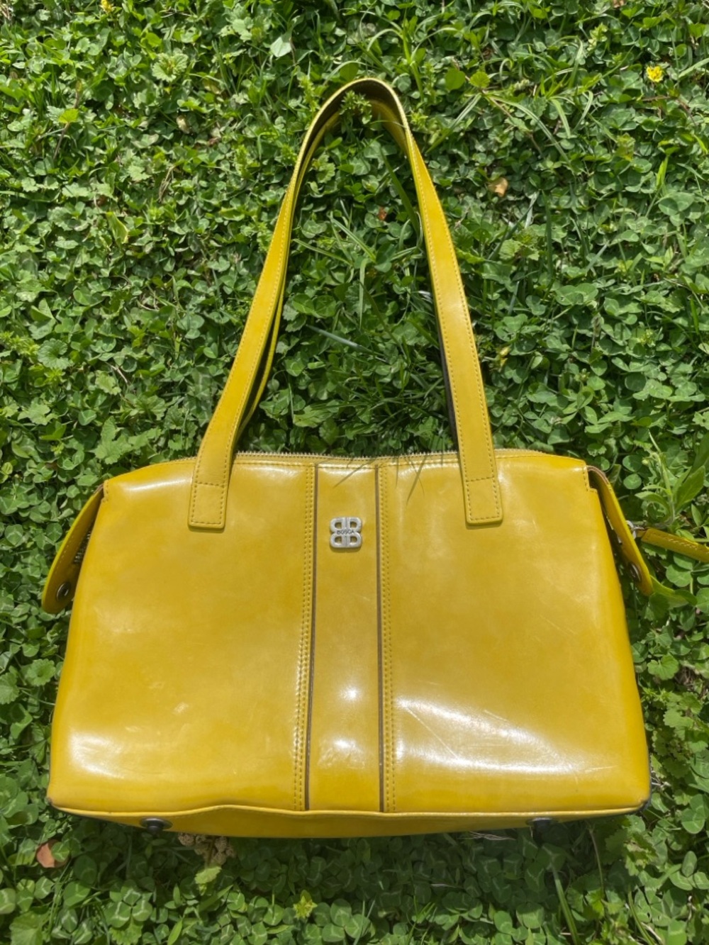 Bosca Yellow Leather Shoulder Bag with Silver Logo
